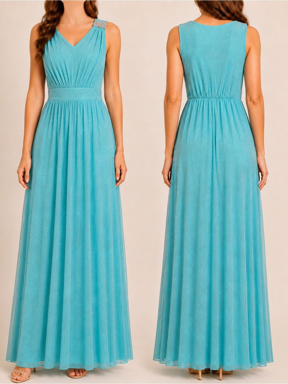 Alexa B Nites Turquoise Sparkle Rhinestone Maxi Dress, Size 8